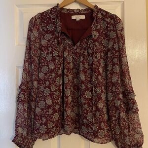LOFT Burgundy Floral Print Blouse